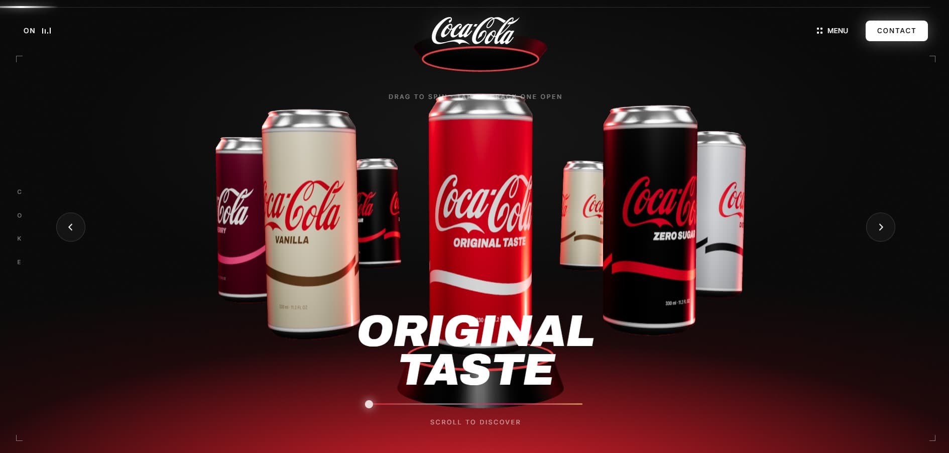 Coca-Cola 3D product experience: a carousel of flavor cans with the Original Taste can centered on a dark stage
